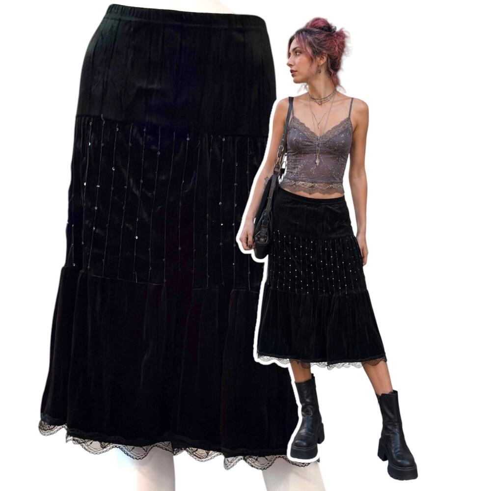 Y2K Black Velvet Tiered Midi Skirt Sequin Lace Beaded Size Large Whimsigoth Glam